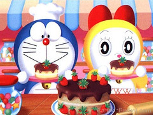 Doraemon Eating Cake With Dorami