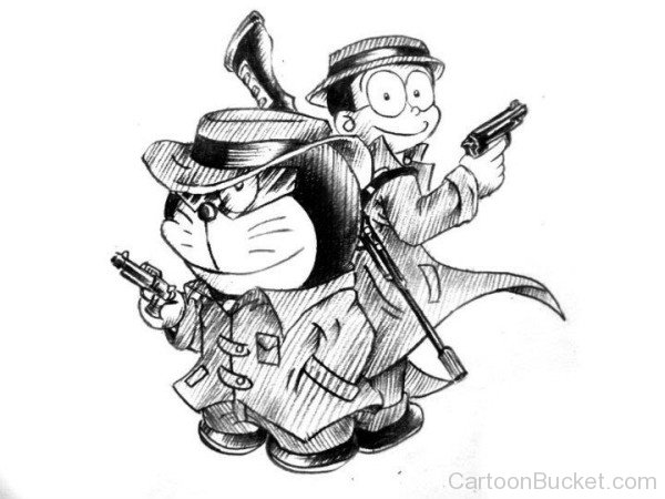 Pencil Sketch Of Nobita With Doraemon