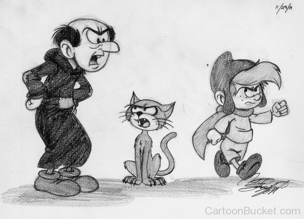 Drawing Of Gargamel,Azrael And Scruple