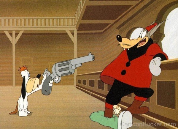 Droopy Dog Showing Gun To Wolf