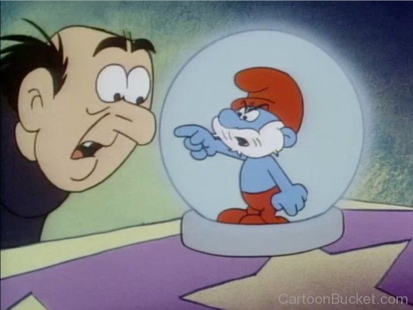 Gargamel Looking Papa Smurf Inside Crystal Ball