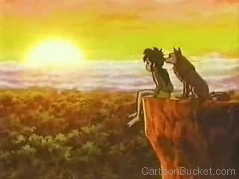 Akela And Mowgli Sitting On Cliff