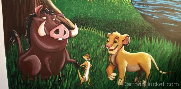 Painting Of Timon,Pumbaa And Cub Simba