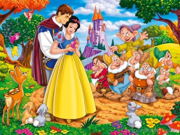Princess Snow White With Prince Charming And Seven Dwarfs