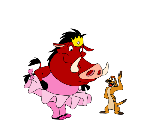 Pumbaa Wearing Pink Dress And Crown With Timon