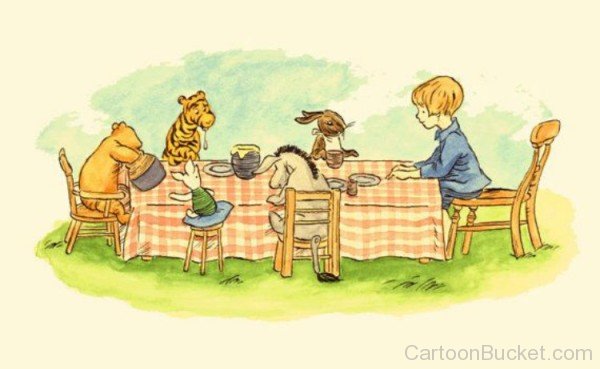Robin And Pooh Sitting On Dinner Table With Friends