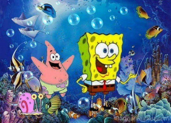 Spongebob,Patrick And Gary Having Fun In Underwater