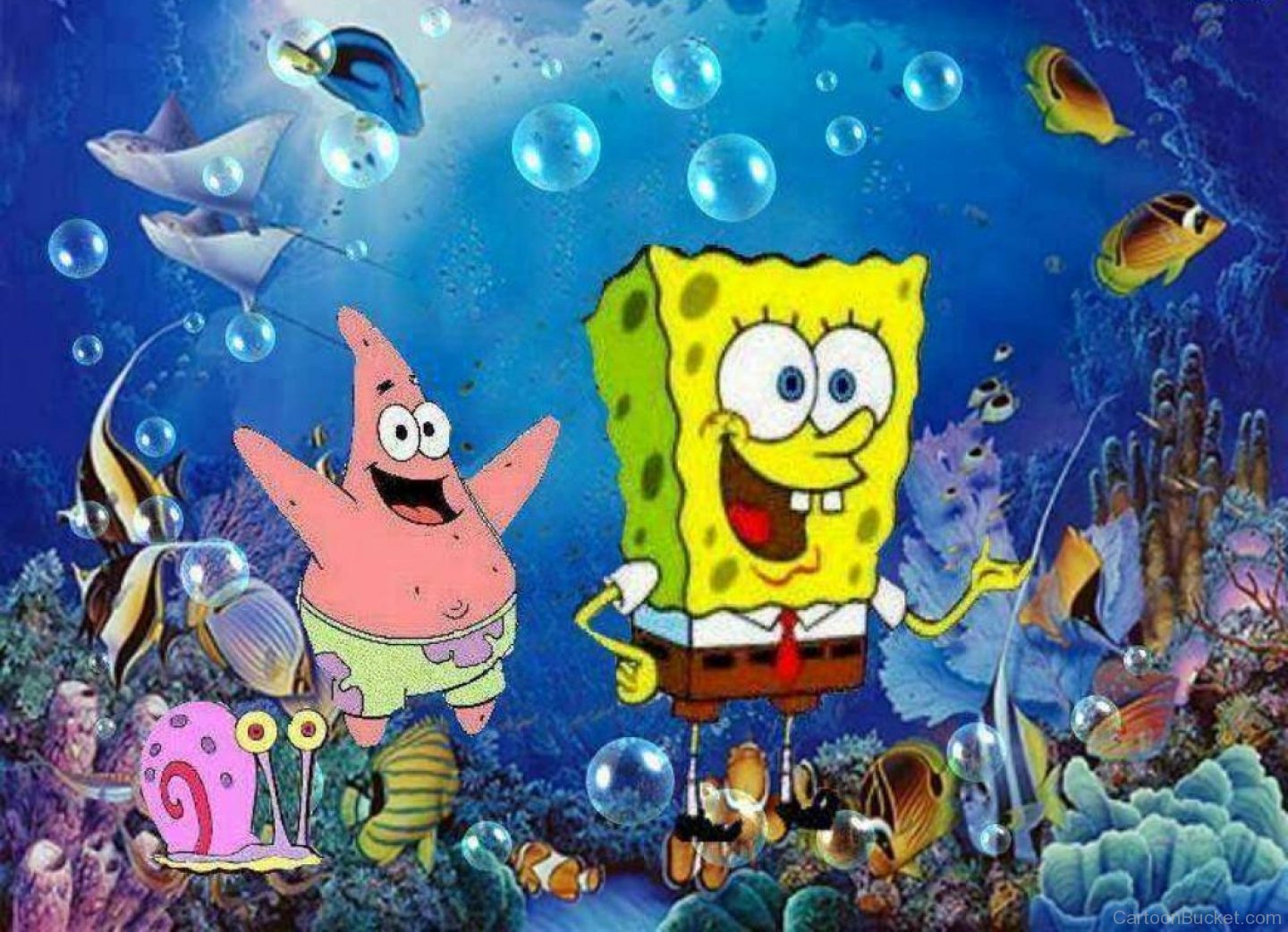 Spongebob,Patrick And Gary Having Fun In Underwater.