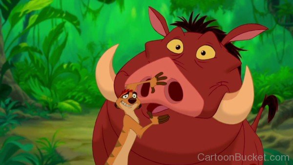 Timon Holding Pumbaa's Mouth