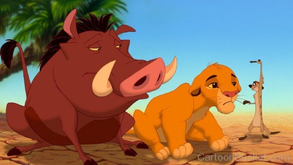 Timon With Sad Pumbaa And Cub Simba