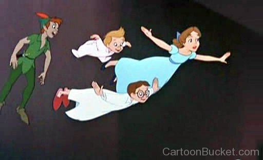 Wendy Flying With Michael,John And Peter Pan