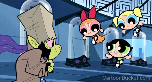 Blossom,Buttercup And Bubbles Looking At Mojo Jojo- tr418