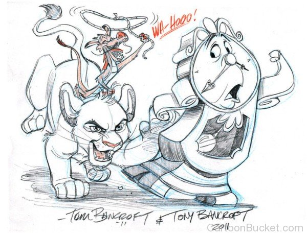 Sketch Of Cogsworth,Simba And Mushu-gh130